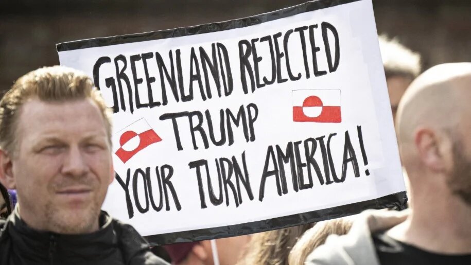People protest against US pressure on Greenland, outside the American embassy in Copenhagen, Denmark, on 29 March 2025 (Nils Meilvang/Ritzau Scanpix/AFP)