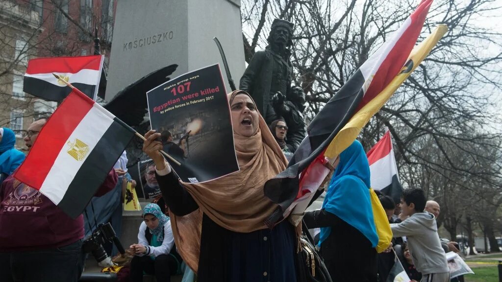 Opponents of Egyptian President Abdel Fattah el-Sisi protest during his meeting with then-US President Donald Trump at the White House on 3 April 2017.