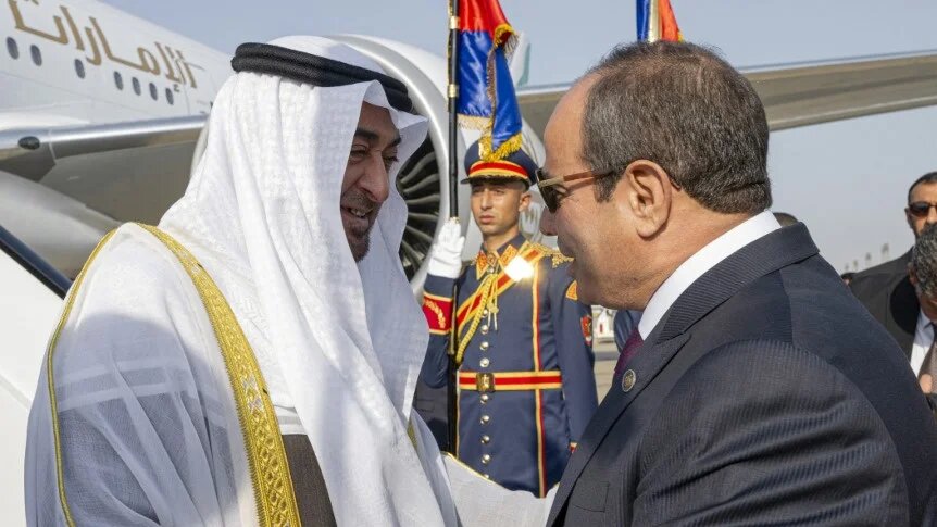 UAE President Mohammed bin Zayed is welcomed by Egyptian President Adel Fattah al-Sisi at Cairo International Airport on 3 October 2024 (Mohamed al-Hammadi/UAE Presidential Court/AFP)