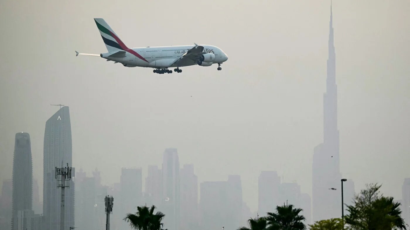 An Emirates Airbus A380 passenger aircraft prepares for landing at Dubai International Airport on 8 March 2026 (AFP)