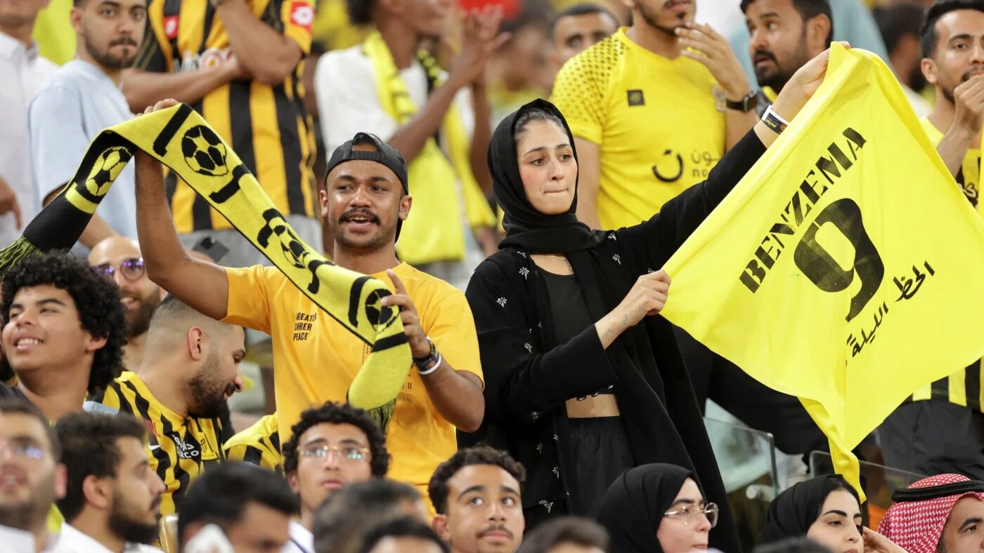 Fans gather at at Al-Ittihad's stadium in Jeddah to welcome former Real Madrid striker Karim Benzema, on 8 June 2023 (AFP)