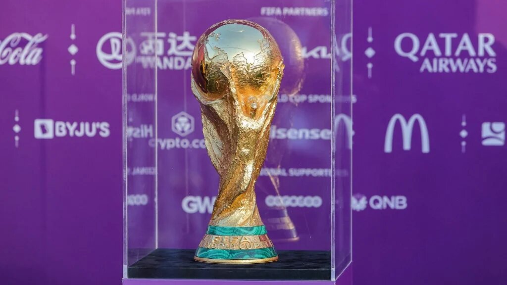 The FIFA World Cup Trophy on display at the Katara cultural village in Qatar's capital Doha in May 2022 (AFP)