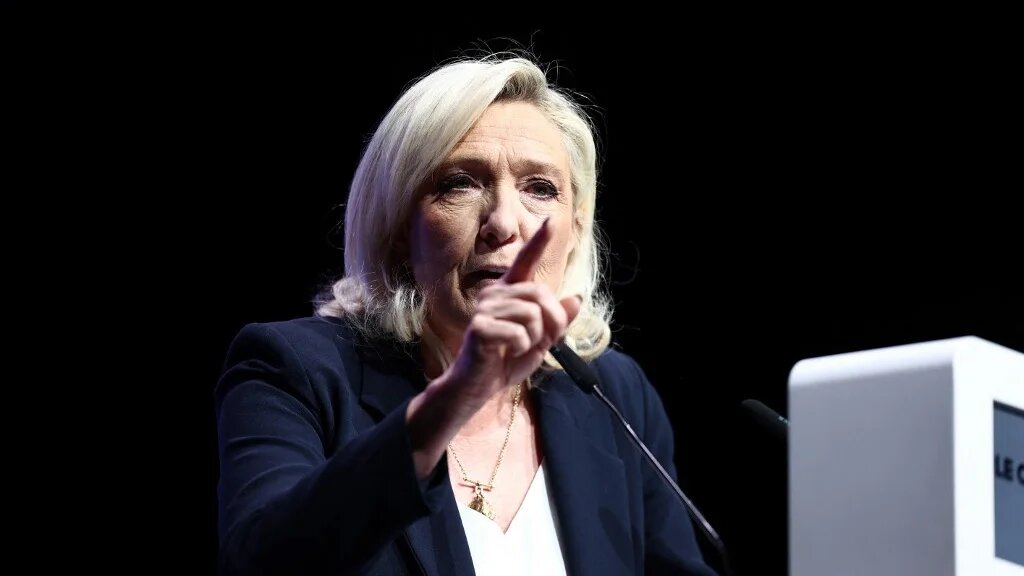National Rally leader Marine Le Pen speaks during a party rally in Chalons-en-Champagne, France, on 18 March 2026 (Sameer al-Doumy/AFP)
