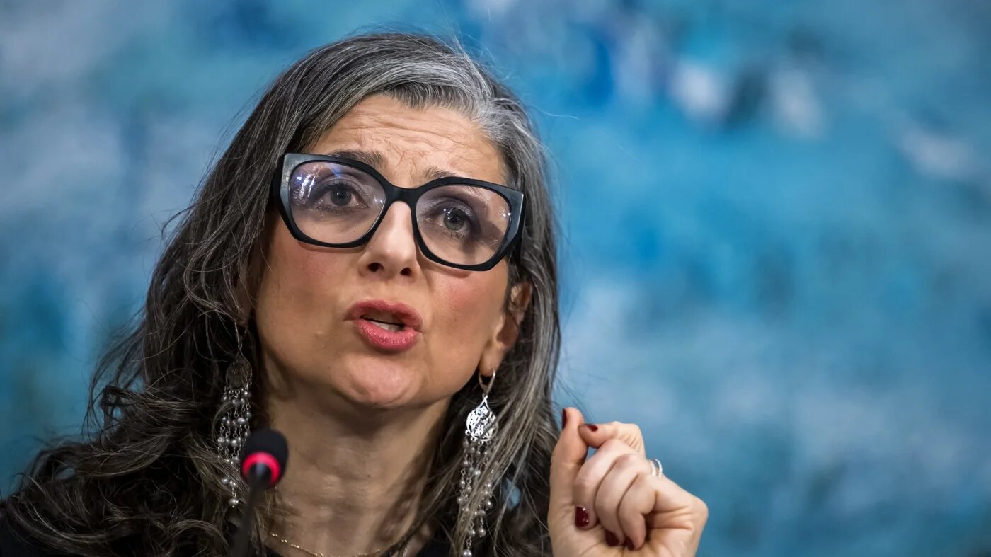 Francesca Albanese, the United Nations special rapporteur on the occupied Palestinian territories, presents her latest report before delegates at the UN Human Rights Council in Geneva, on 23 March 2026 (Fabrice Cofrini/AFP)