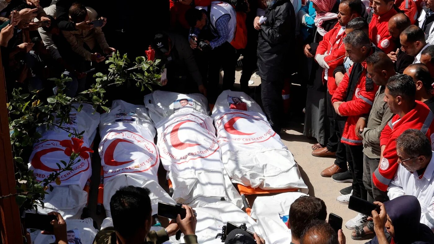 Palestinians mourn medics who came under Israeli fire while on a rescue mission, at Nasser hospital in Khan Younis in the southern Gaza Strip March 31, 2025 (Reuters)