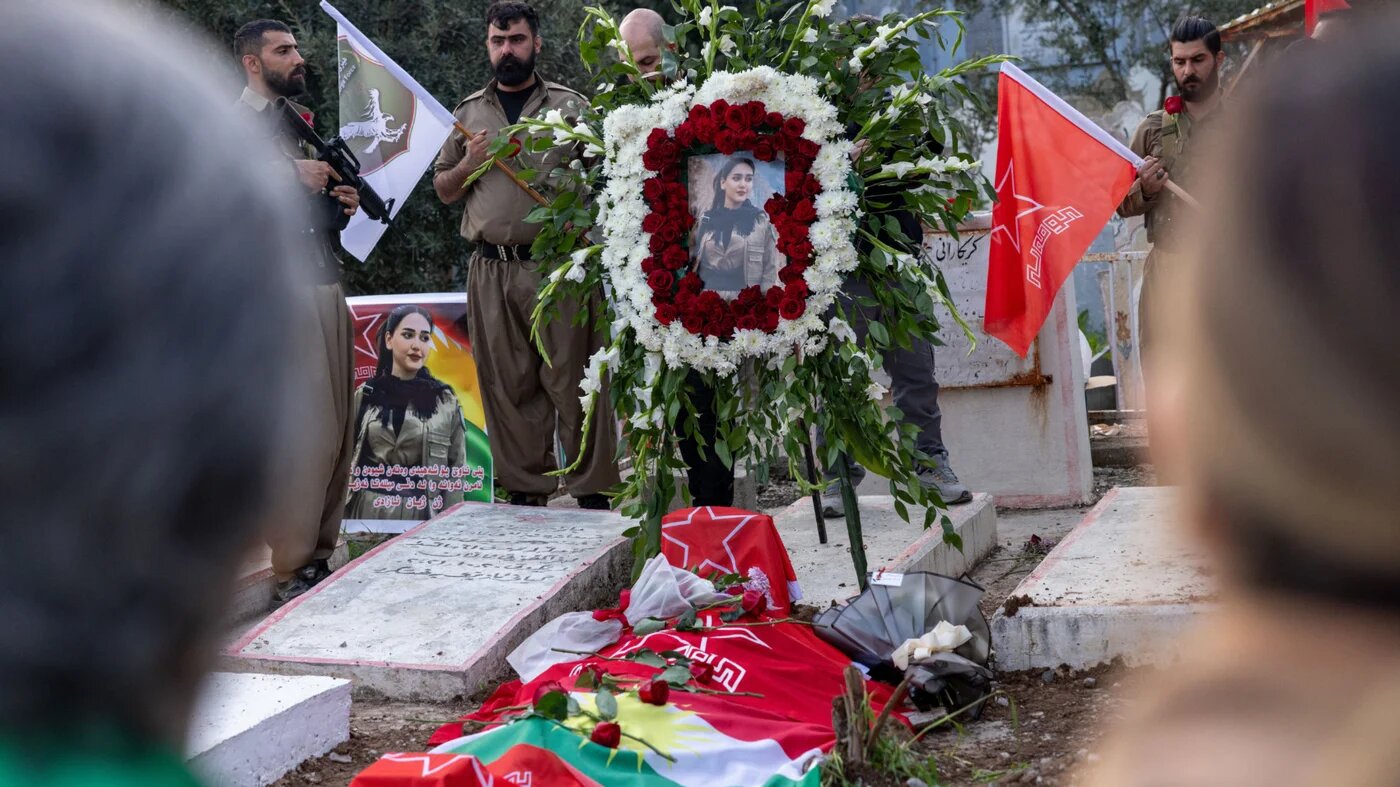 Ghazal Moulan, a 19-year old Kurdish female fighter killed in an Iranian drone strike, laid to rest on 16 April in Sulaymaniyah, Iraq (Afshin Ismaeli/MEE).
