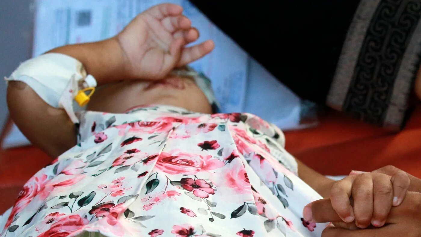 A child with cancer at Al-Nasser Hospital in Khan Younis this month before her evacuation from Gaza to Jordan for treatment (Bashar Taleb/AFP)