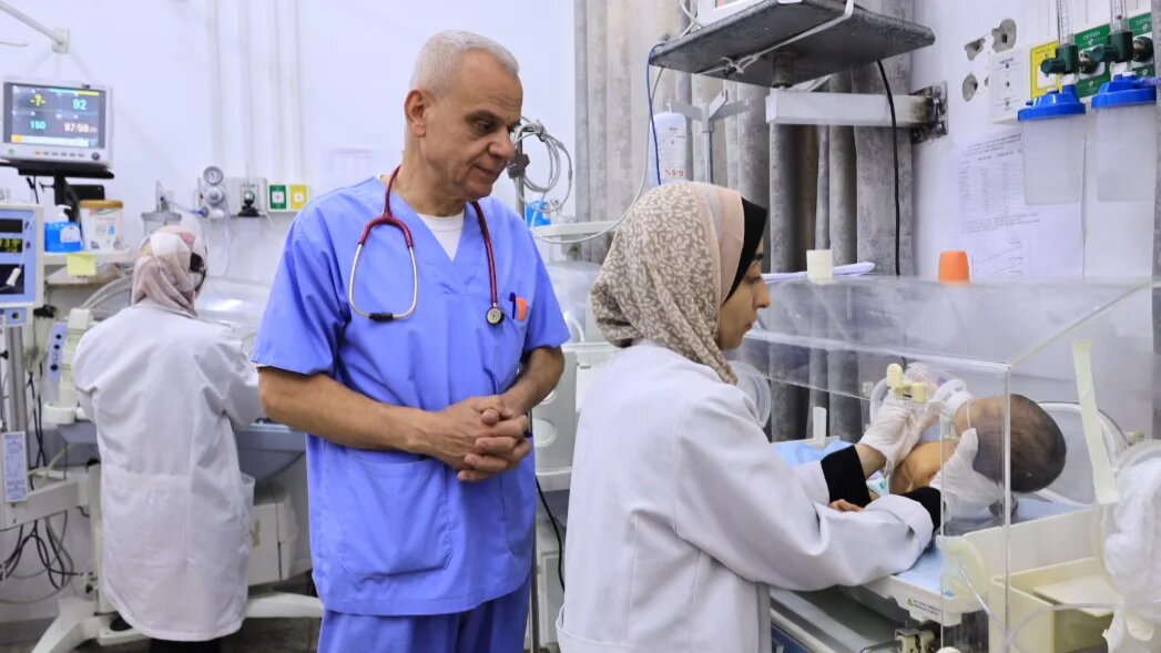 Dr Hisham Abu Aoun is pictured in the neonatal intensive care unit at the Patient's Friends Benevolent Society Hospital in Gaza City (Photo courtesy of Medical Aid for Palestinians)