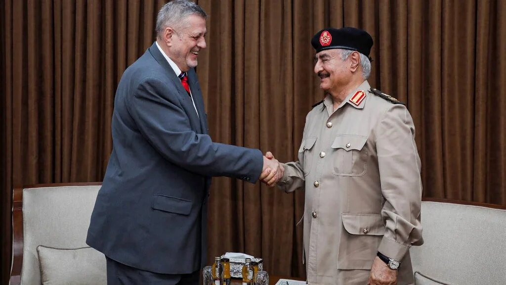 Libya's Khalifa Haftar meets with meets with UN special envoy for Libya Jan Kubis on 1 June 2021 in Benghazi