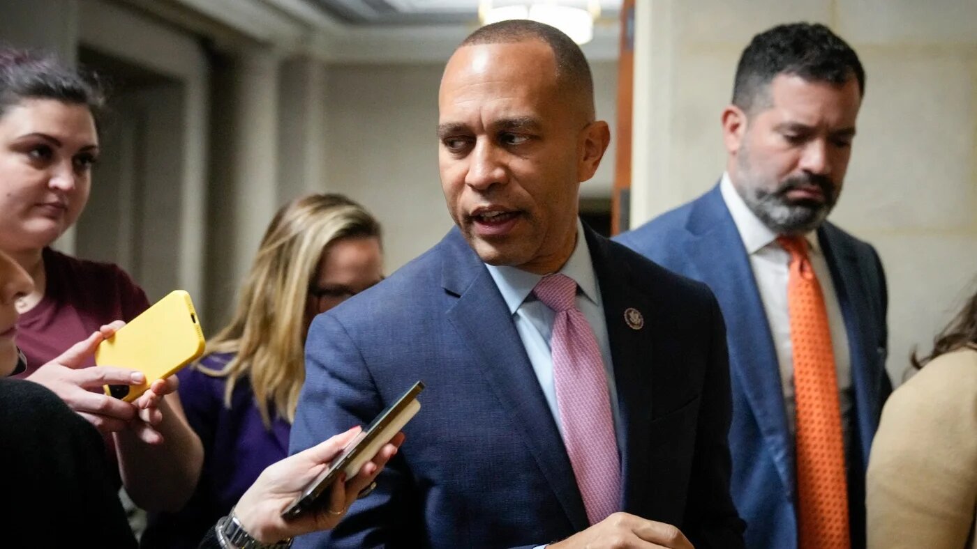 Congressman Hakeem Jeffries talks to reporters on Capitol Hill on 30 November 2022 in Washington.