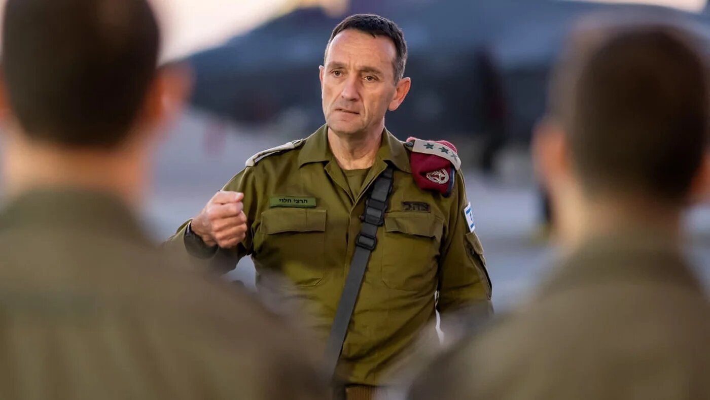 Israeli army Chief of the General Staff Herzi Halevi speaking to officers at Nevatim airbase on 15 April 2024 (AFP/Israeli army handout)