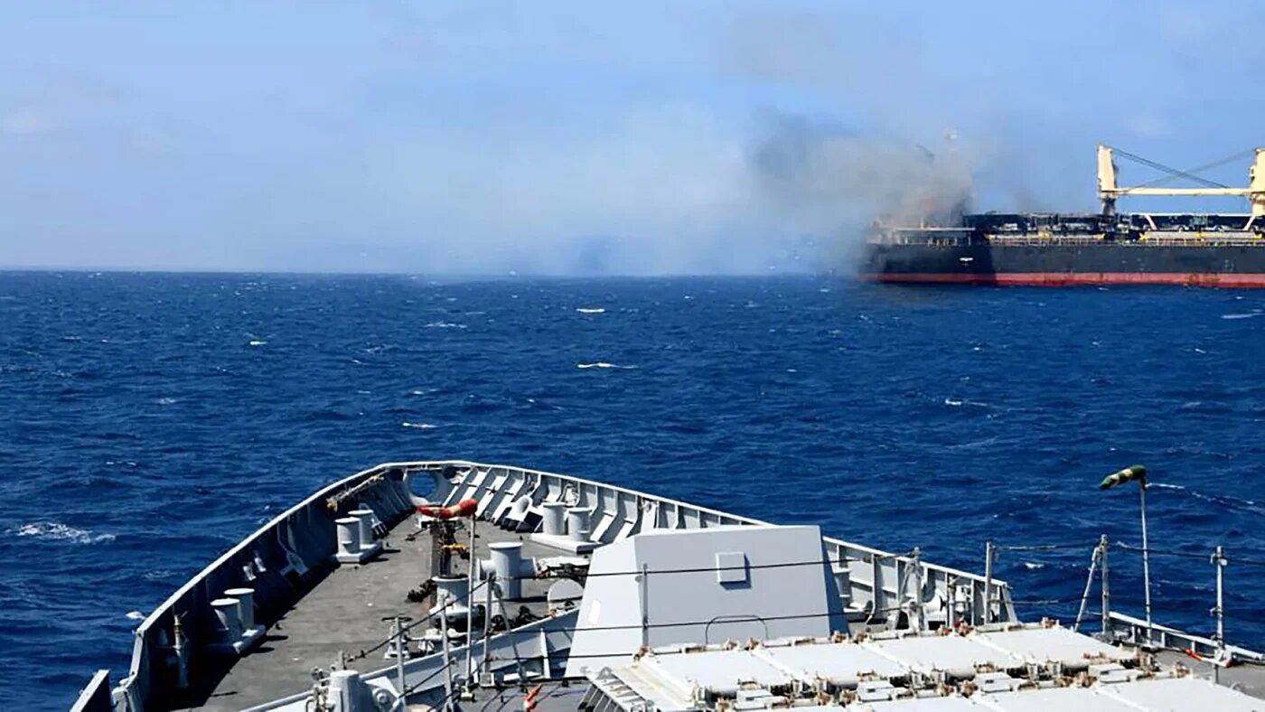 A Barbados-flagged bulk carrier following an attack by Yemen's Houthis in the Gulf of Aden of 6 March 2024 (AFP/Indian navy)