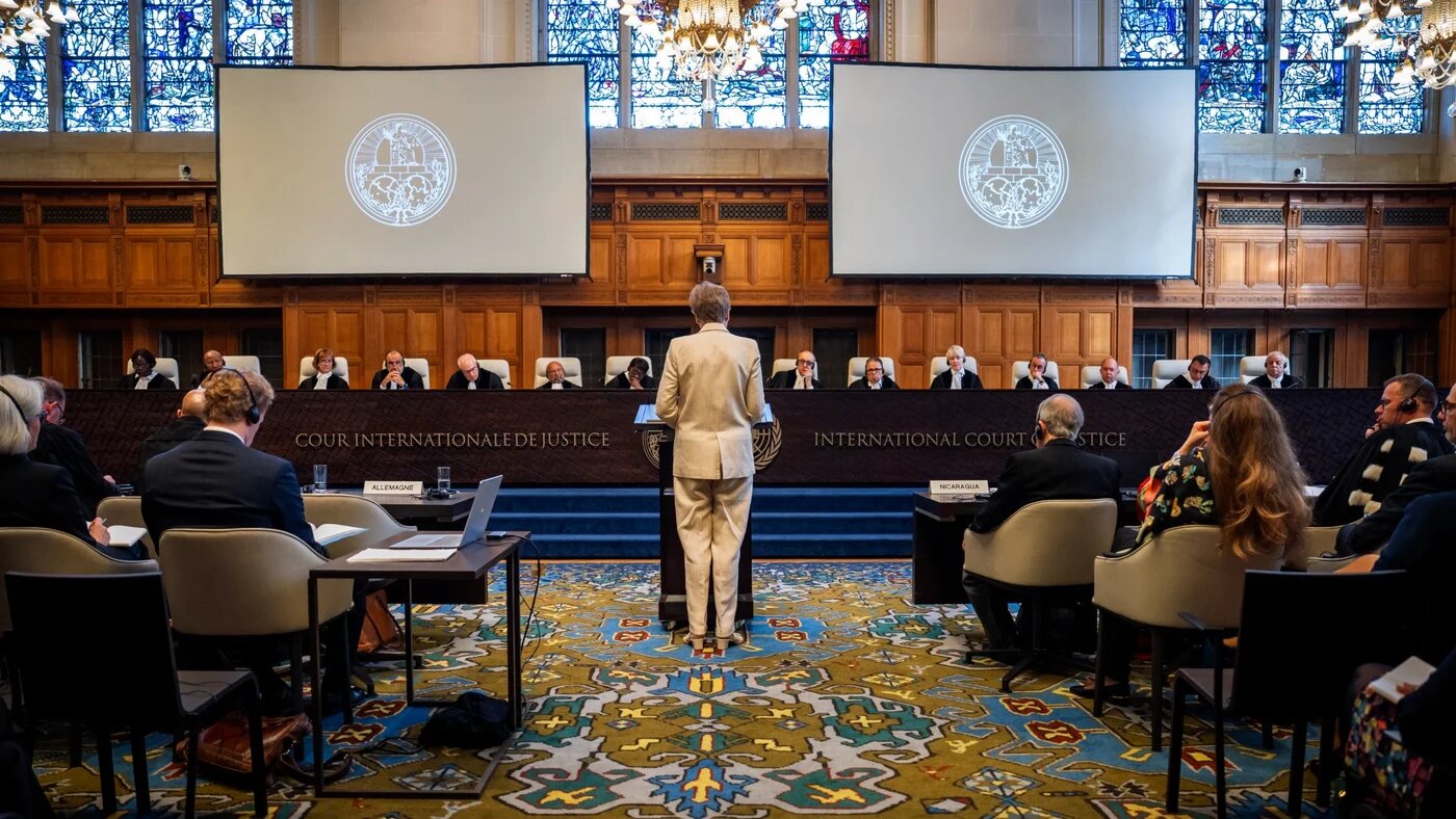 Germany's legal representative speaks during Monday's session at the ICJ in The Hague, 7 September 2026 (ICJ website)