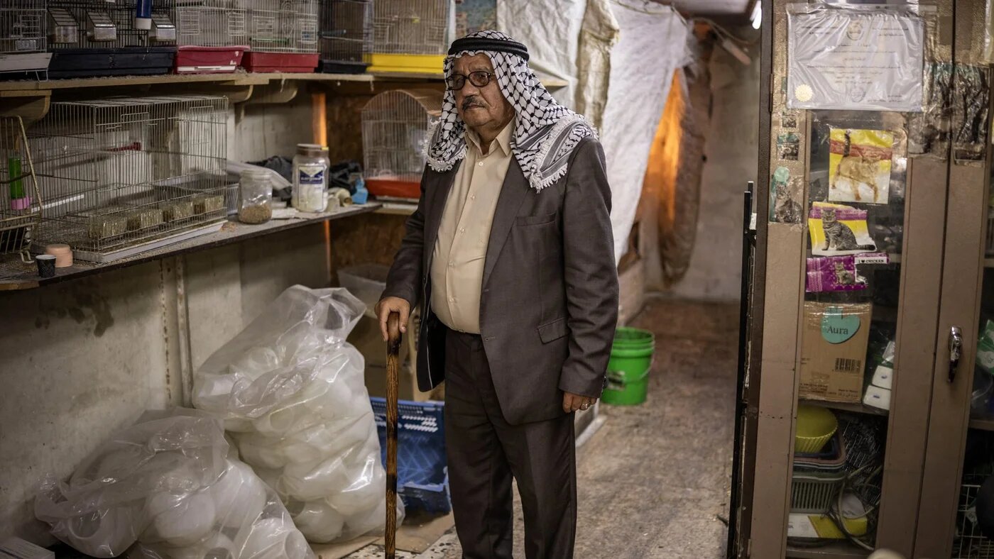 Higazi Shawer Al Tamimi, 70, who was displaced with his family from the Ein Deir Baha neighbourhood by Israeli forces, poses inside his chicken and animal feed shop in Hebron, occupied West Bank, 24 October 2026 (John Wessels/AFP)
