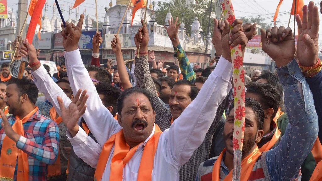 Hindu Bajrang Dal and Vishwa Hindu Parishad activists mark the anniversary of the demolition of the Babri Masjid, on 6 December 2015 in Amritsar, India (Narinder Nanu/AFP)