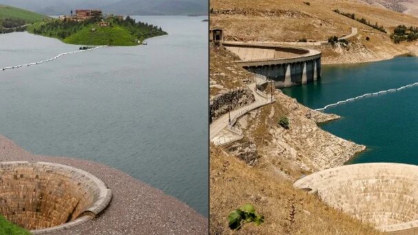 Deux images du barrage de Dukan, le 2 avril 2019 à gauche, et le 2 juillet 2022 à droite (AFP/Ahmad Al-Rubaye/Shwan Mohammed)