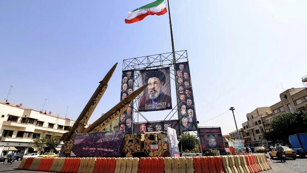 Iranian missiles are seen on display near a portrait of Supreme Leader Mojtaba Khamenei, at Baharestan Square in Tehran on 28 September 2026 (Atta Kenare/AFP)