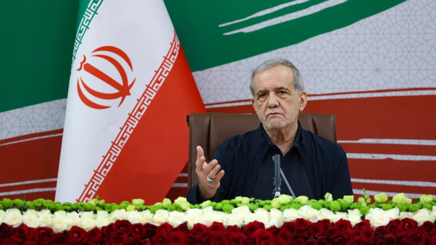 Iran's President Masoud Pezeshkian at a press conference in Tehran, 8 August 2026 (Iranian Presidential Office/AFP)
