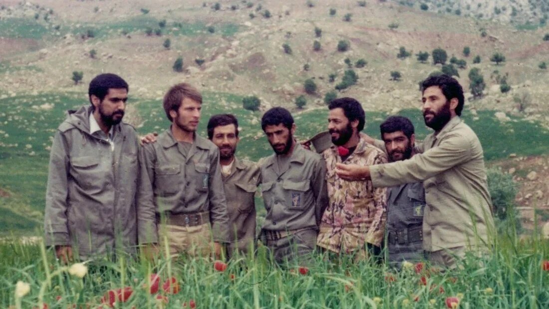 Iranian soldiers during the Iran-Iraq war in the early 1980s, including current parliament speaker Mohammad Bagher Ghalibaf, second left, and Quds Force chief Esmail Qaani, centre