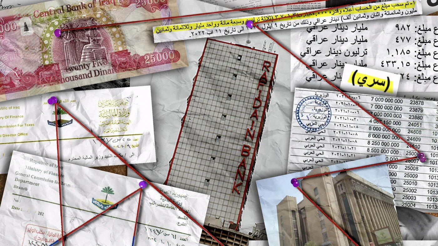 247 cheques worth about $2.5bn were cashed at branches of Rafidain Bank between September 2021 and August 2022 (Ilustration by Mohamad Elaasar)