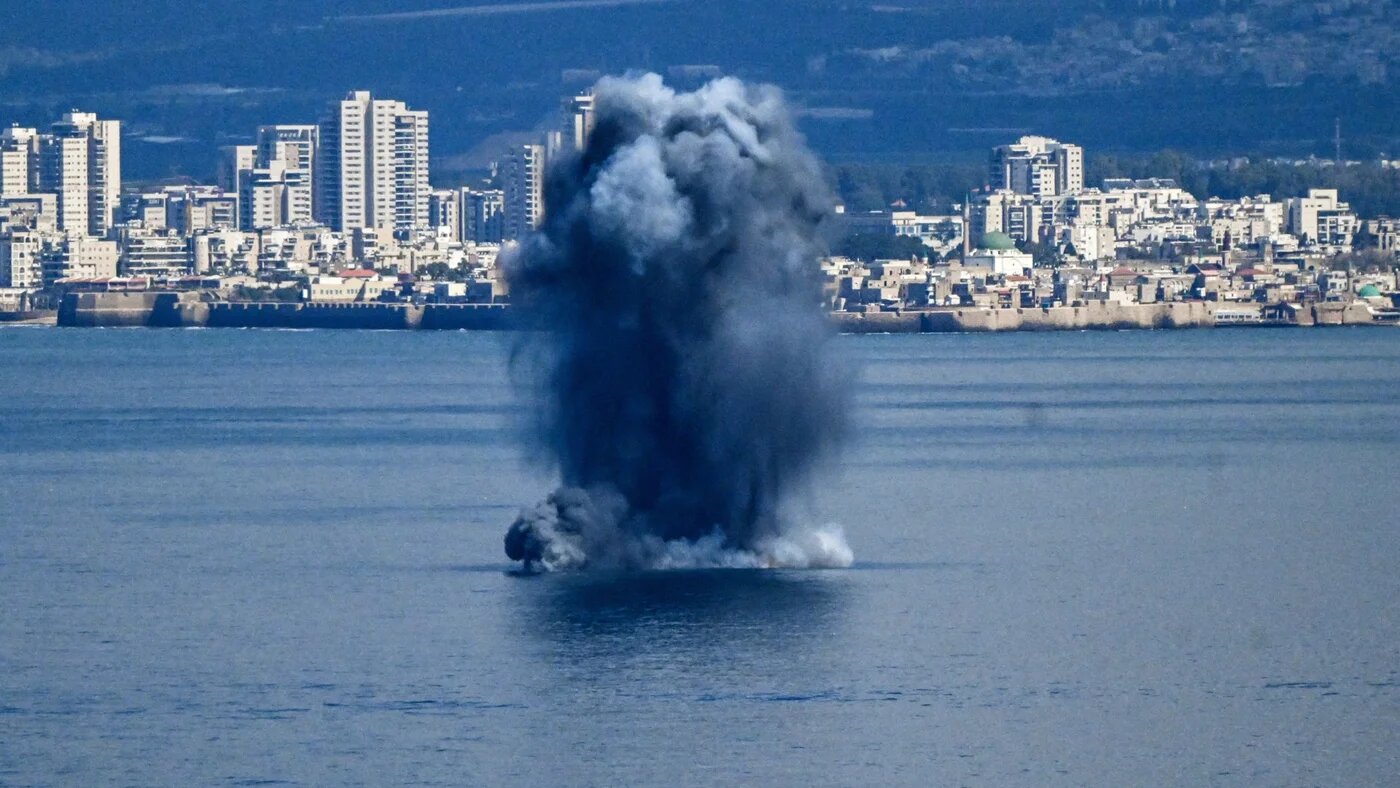 An explosion in the sea, after missiles were launched towards Israel from Iran following strikes by Israel and the US on Iran, as seen from Haifa, northern Israel, February 28, 2026. (Reuters/Rami Shlush)