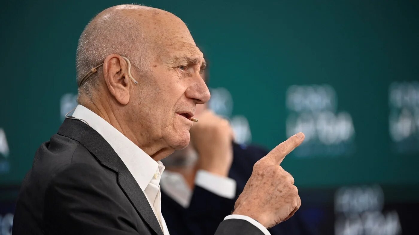 Former Israeli Prime minister Ehud Olmert takes part at the 'Is Peace in Gaza possible?' roundtable during the La Toja Forum in O Grove, in Spain's western province of Galicia, on 4 October 2025 (Miguel Riopa/AFP)
