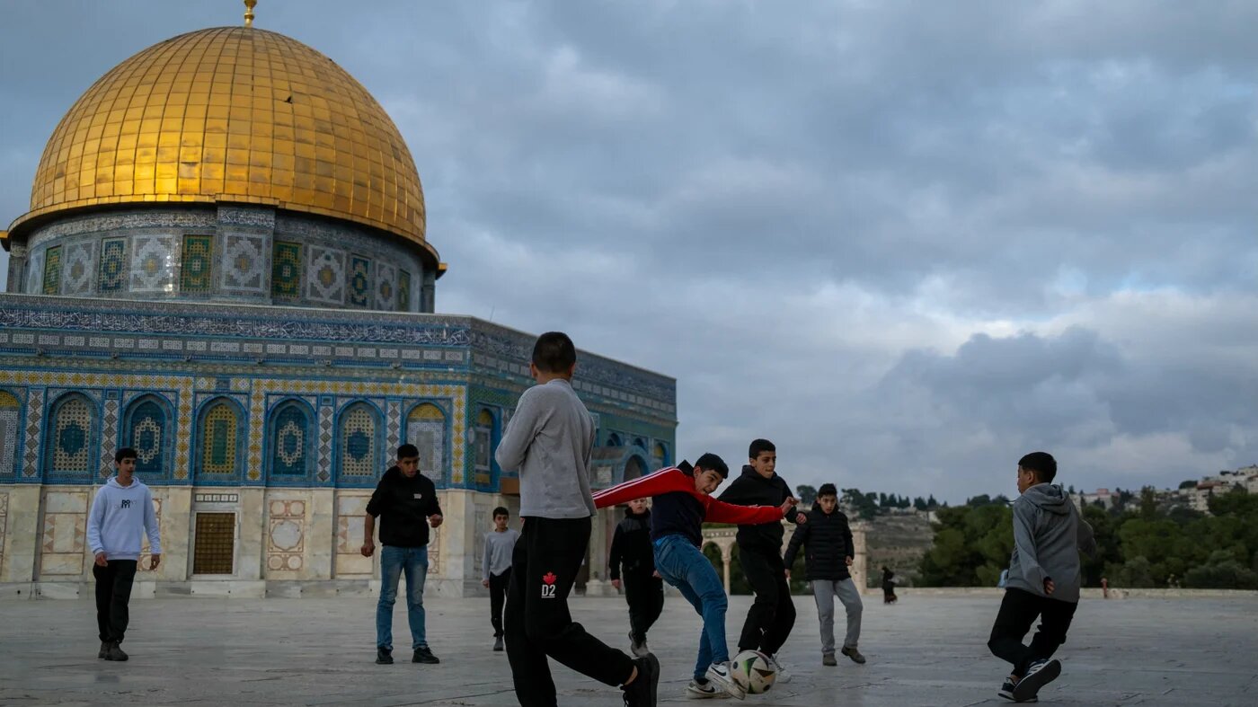Children play soccer at the Al-Aqsa Mosque compound in Jerusalem on 11 February, 2025 (AFP/Jewel Samad)