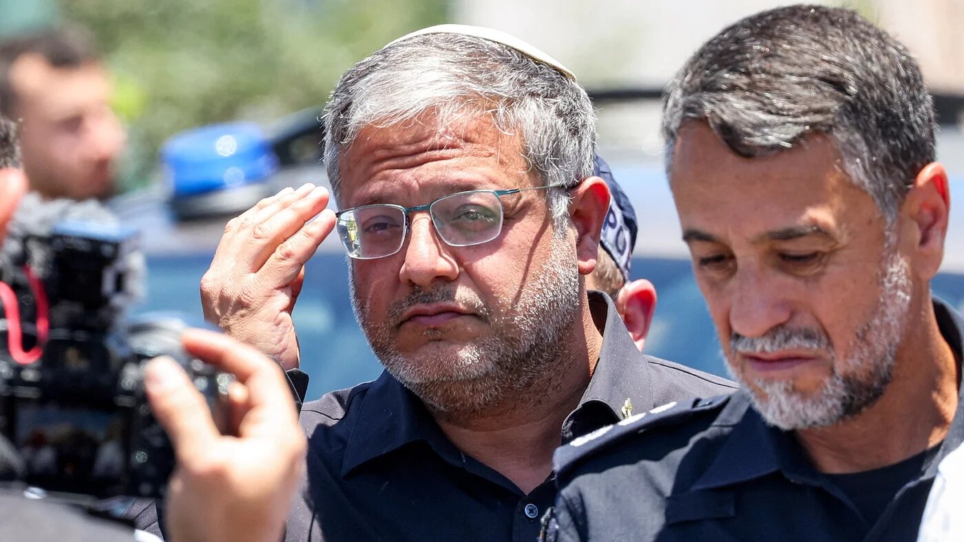 Israel's far-right national security minister Itamar Ben Gvir (C) arrives at the site of a suspected shooting attack in the town of Tzur Yitzhak in central Israel on 7 June 2026 (AFP/Jack Guez)