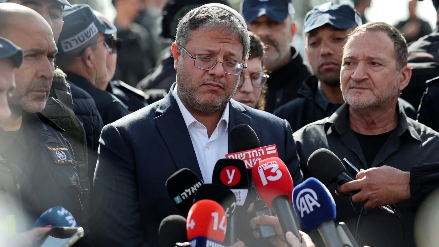 Israeli far-right minister Itamar Ben-Gvir in the southern town of Kiryat Malakhi on 16 February 2024 (AFP/Ahmad Gharabli)