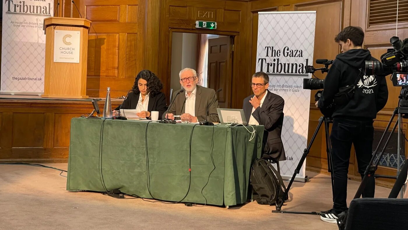 Independent lawmaker Jeremy Corbyn speaks at the Gaza Tribunal in Westminster, London on 5 September 2024 (Rayhan Uddin/MEE)