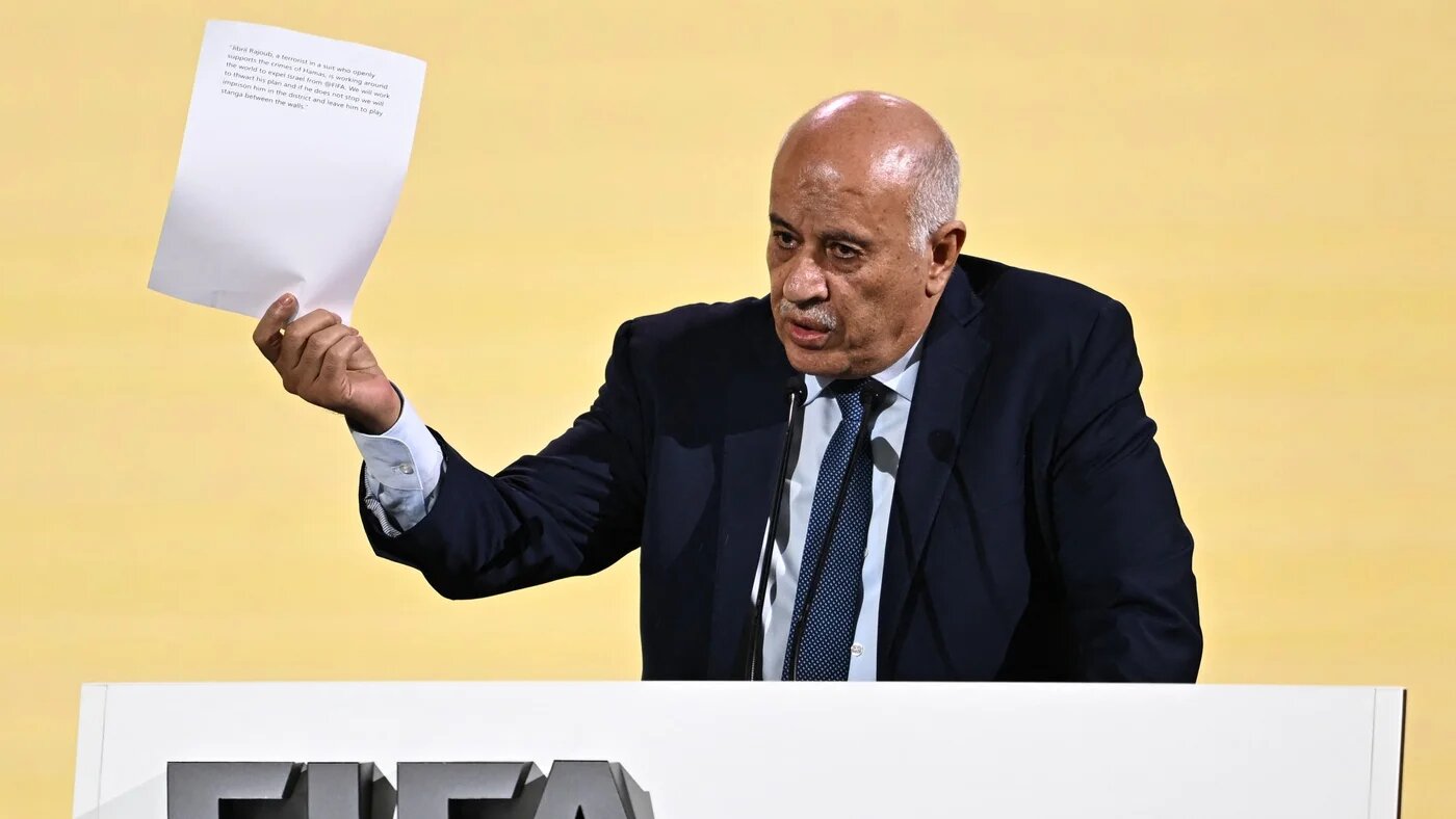 Palestine Football Association President Jibril Rajoub makes a speech during the 74th FIFA Congress in Bangkok on 17 May 2024 (AFP/Manan Vatsyayana)