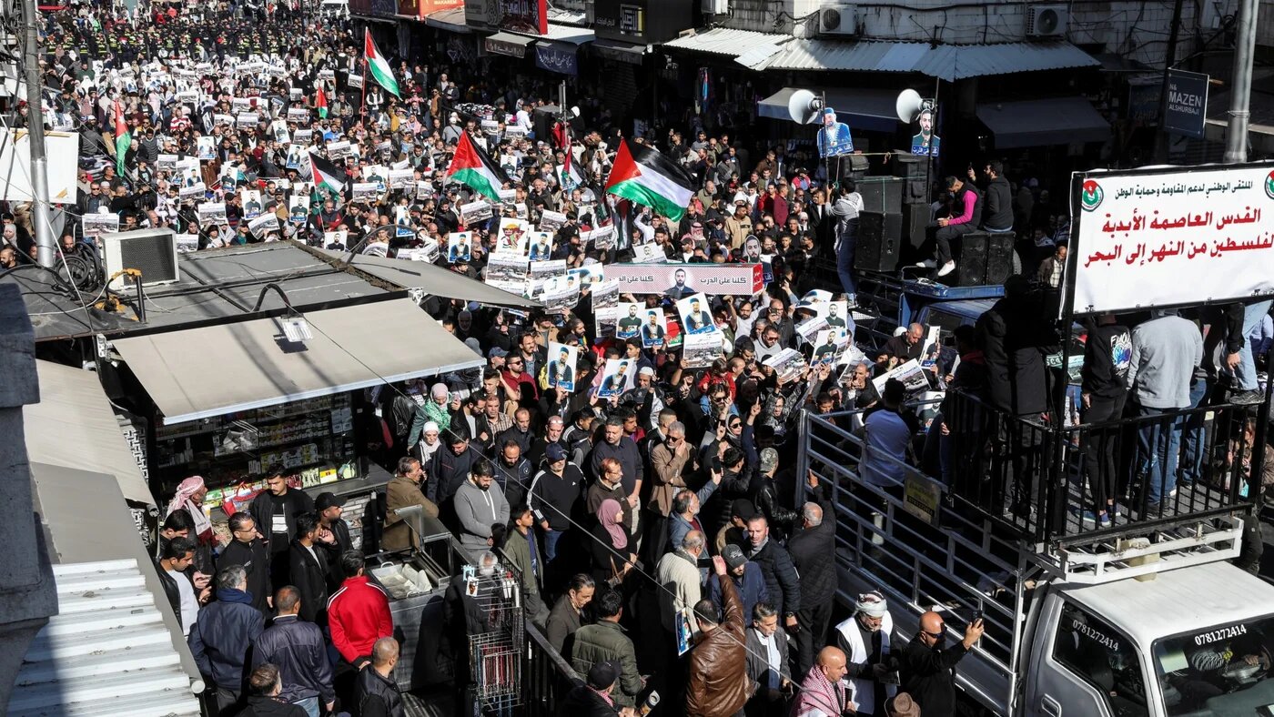 Jordanians protest in solidarity with Palestinians in the Jordanian capital Amman on 6 December 2024 (Alaa Al Sukhni/Reuters)