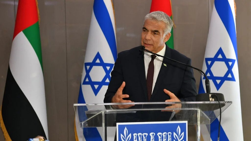 Israel's alternate Prime Minister and Foreign Minister Yair Lapid speaks at a press conference at the new Israeli consulate in Dubai on 30 June