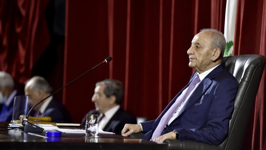 Lebanese parliament speaker Nabih Berri sitting during a vote of confidence session at the parliament in Beirut on 20 September 2021.