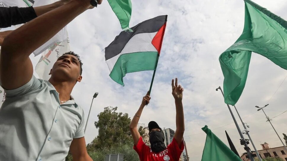 People lift flags during a rally near the French Embassy in Beirut, on 31 October 2023, in support of Palestinians in Gaza (AFP)