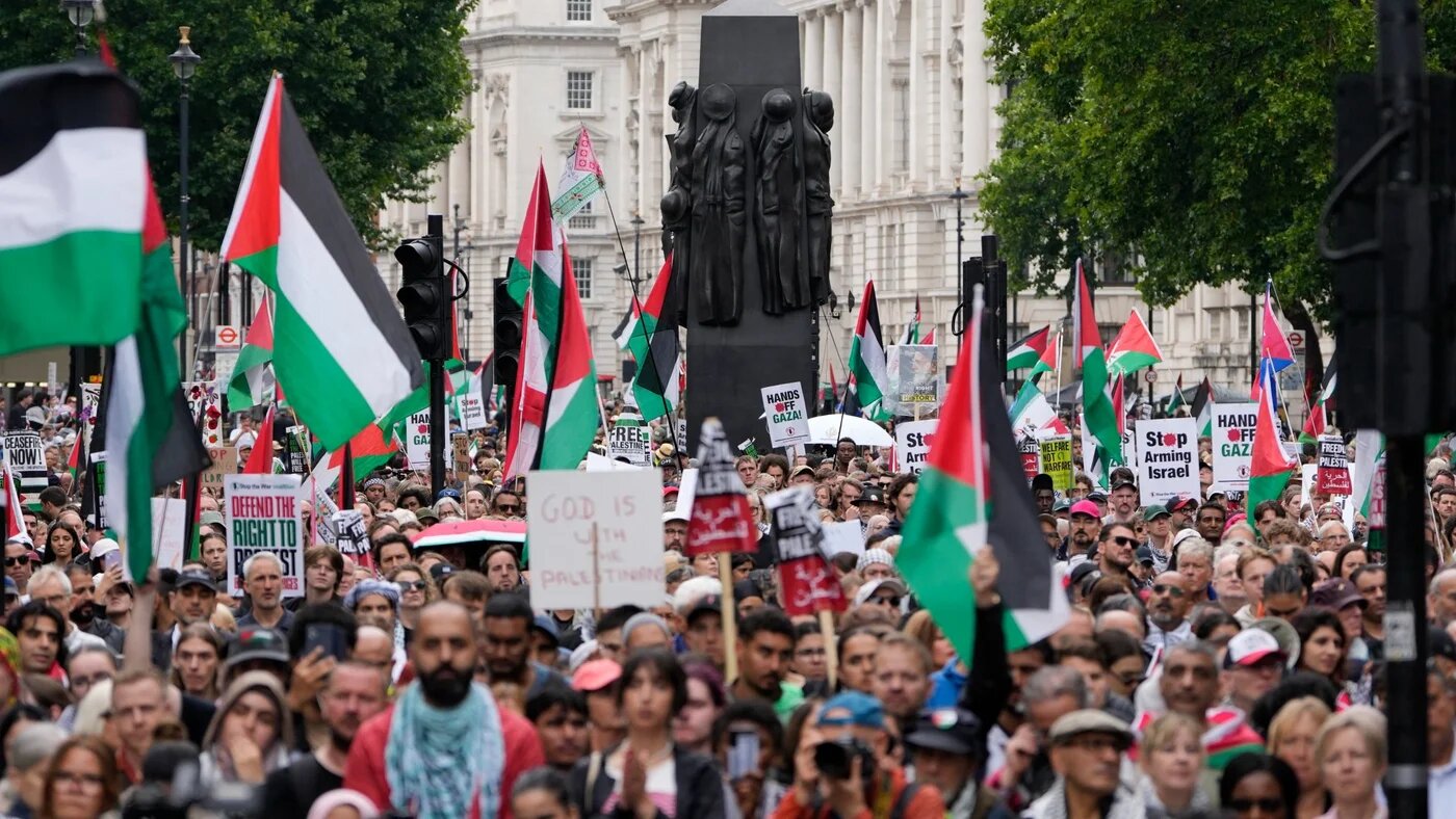 Pro-Palestinian supporters hold placards and wave flags on Downing Street in central London, on 19 July 2025 (AFP/Carlos Jasso)