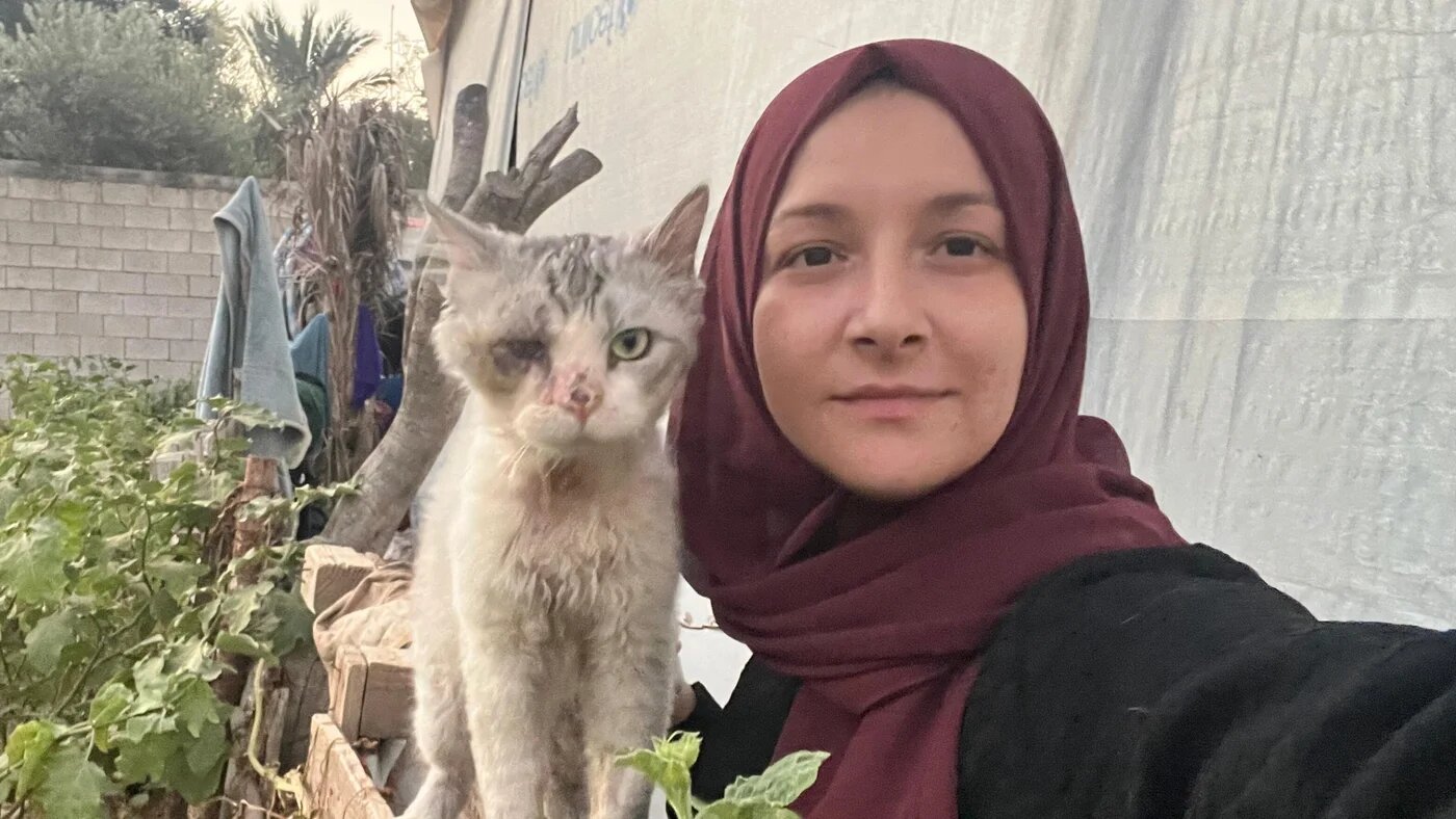 Maha Hussaini is pictured alongside her cat, who travelled with her during displacement before they returned home to Gaza City after the ceasefire came into effect (Supplied photo)