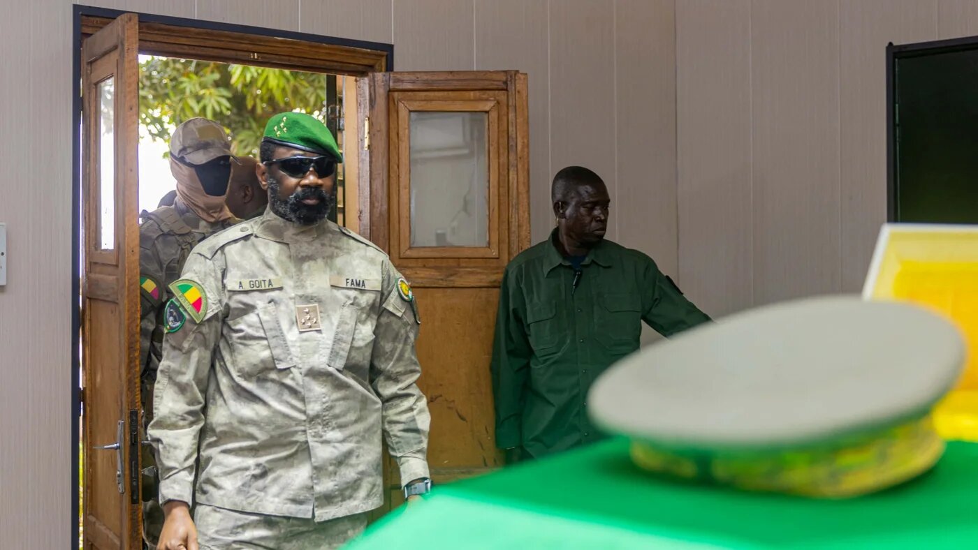 Malian President Assimi Goita attends the state funeral of Defence Minister Sadio Camara, who was killed in a suicide attack, in Bamako, Mali, 30 April 2026 (handout)