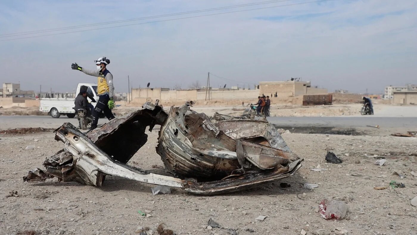 The aftermath of a car bomb explosion, in Manbij, Syria, 3 February (The White Helmets/Reuters)