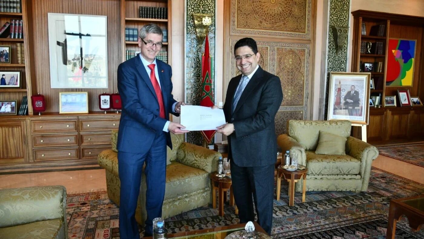 Moroccan Foreign Minister Nasser Bourita receives, on May 6, 2022, the new German Ambassador Robert Dolger (Twitter/@MarocDiplomatie)