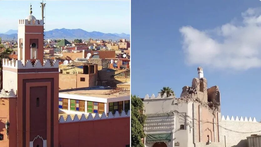 Une partie du minaret de la mosquée Kharbouche a été détruite par le séisme, comme le montrent des images partagées sur les réseaux sociaux (Twitter/@marochebdo)