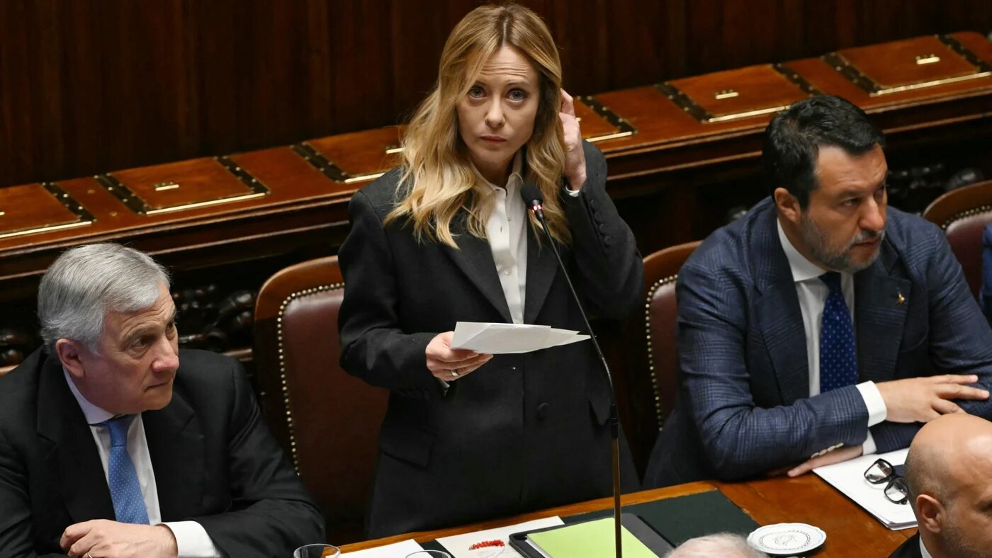 Italy's Prime Minister, Giorgia Meloni speaks next to Italy's Deputy Prime Minister and Minister of Infrastructure, Matteo Salvini and Italy's Deputy Prime Minister and Foreign Minister, Antonio Tajani (L) in Rome on 9 April 2026 (Andreas Solaro/AFP)