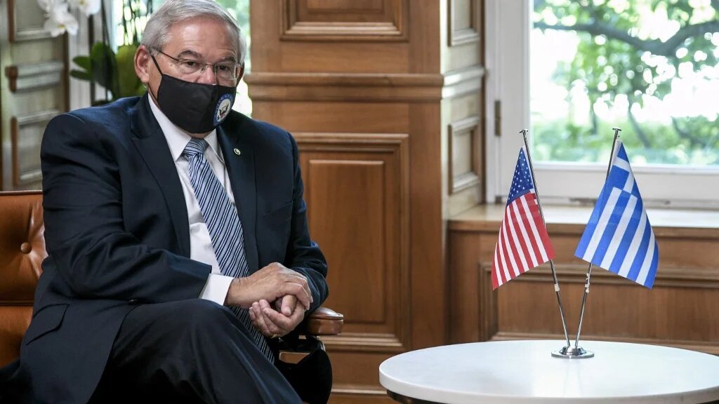 Senator Bob Menendez meets with Greek Prime Minister Kyriakos Mitsotakis at the Maximos Mansion in Athens, on 26 August 2021.
