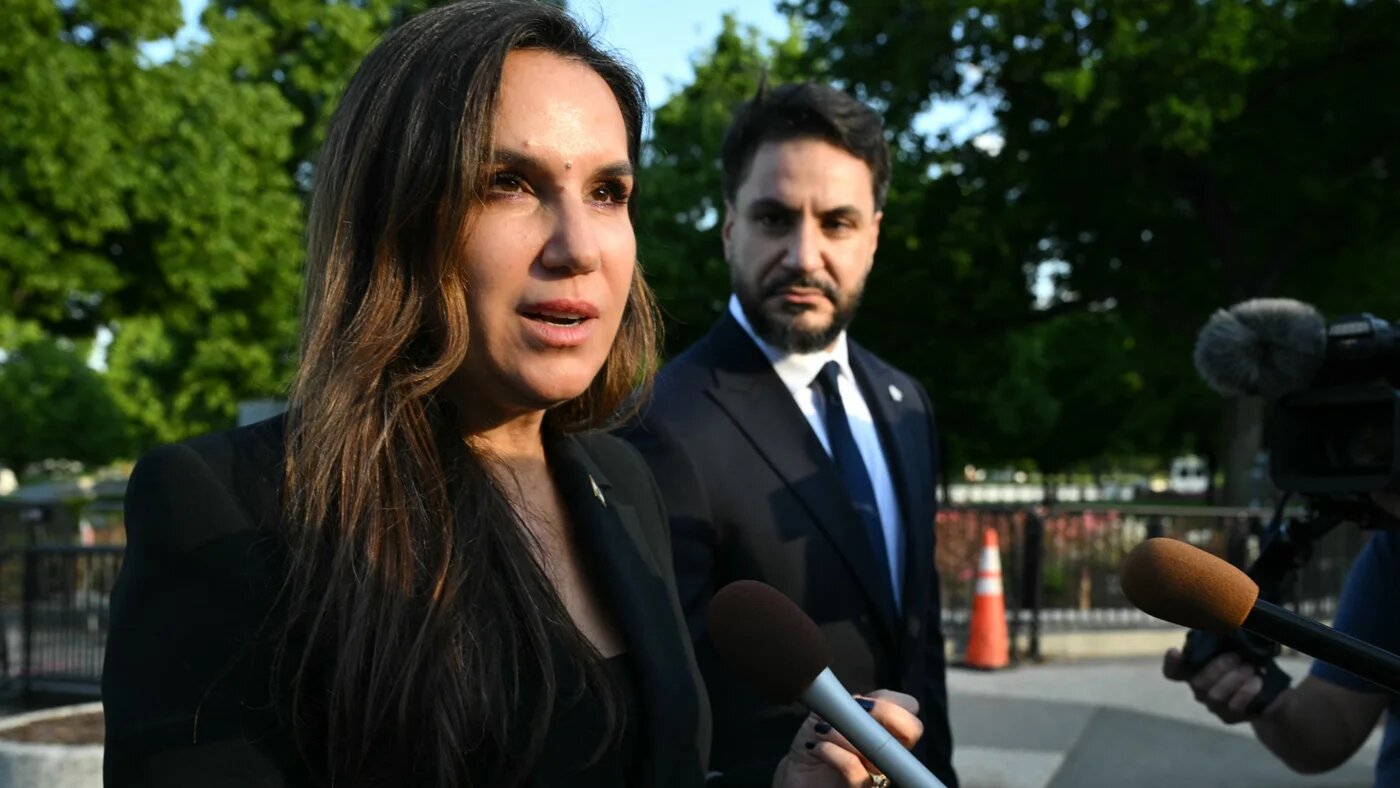 Lebanon Ambassador to the US Nada Hamadeh Moawad speaks to reporters after a meeting with US President Donald Trump, Lebanon Ambassador to the US and Israel Ambassador to the US, at the White House in Washington, DC on 23 April 2026 (AFP)