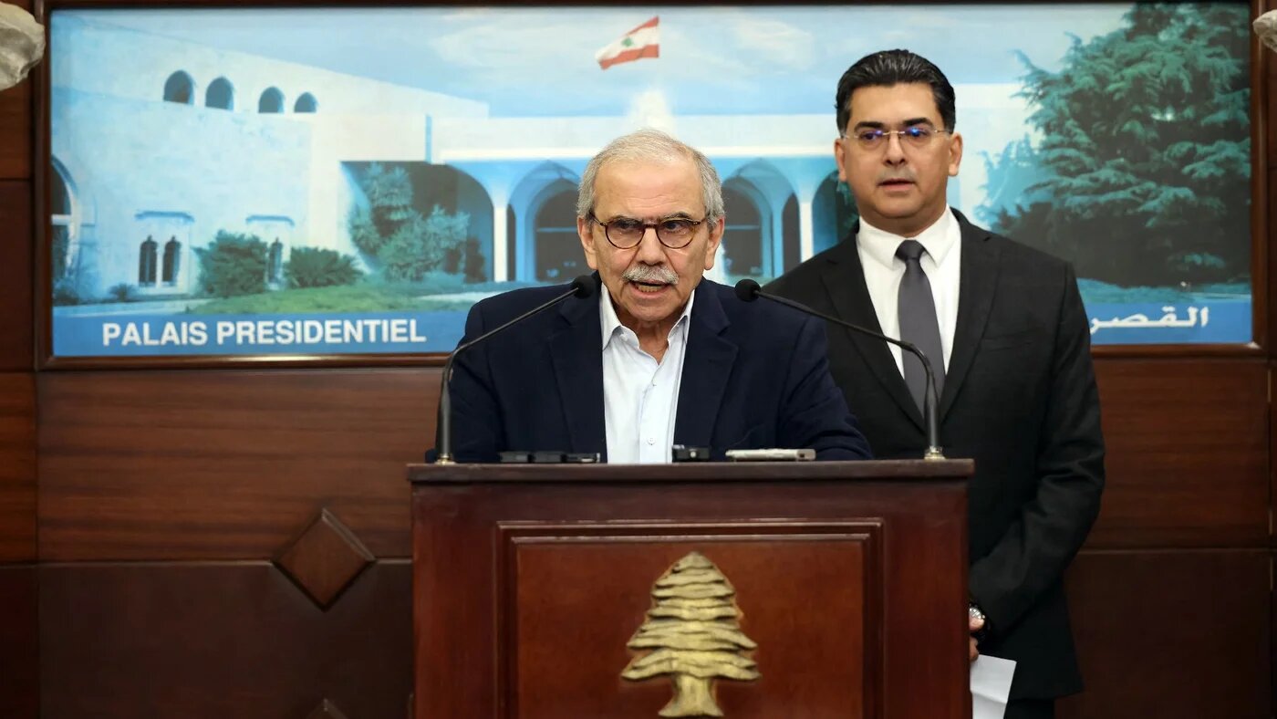 Lebanese Prime Minister Nawaf Salam speaking at the end of the ministerial council at the Presidential Palace of Baabda, east of Beirut on 2 March 2026 (AFP)