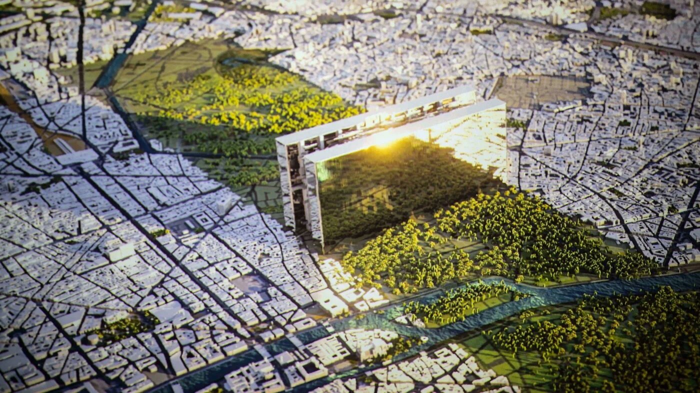A projection of 'The Line', a 170km straight line city to be built in the new megacity Neom, seen at an exposition in Riyadh, Saudi Arabia on 15 November 2022 (Reuters) 