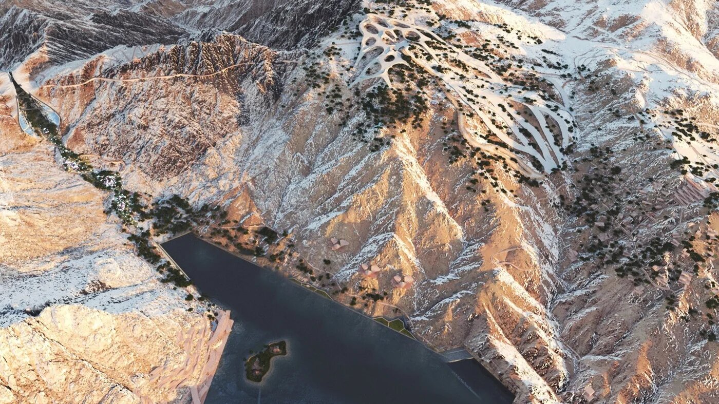 A handout image provided by Neom on 5 October 2022 shows a view of the design plan for Trojena, an area in Saudi Arabia's planned megacity of Neom chosen to host the 2029 Asian Winter Games (AFP/Neom)