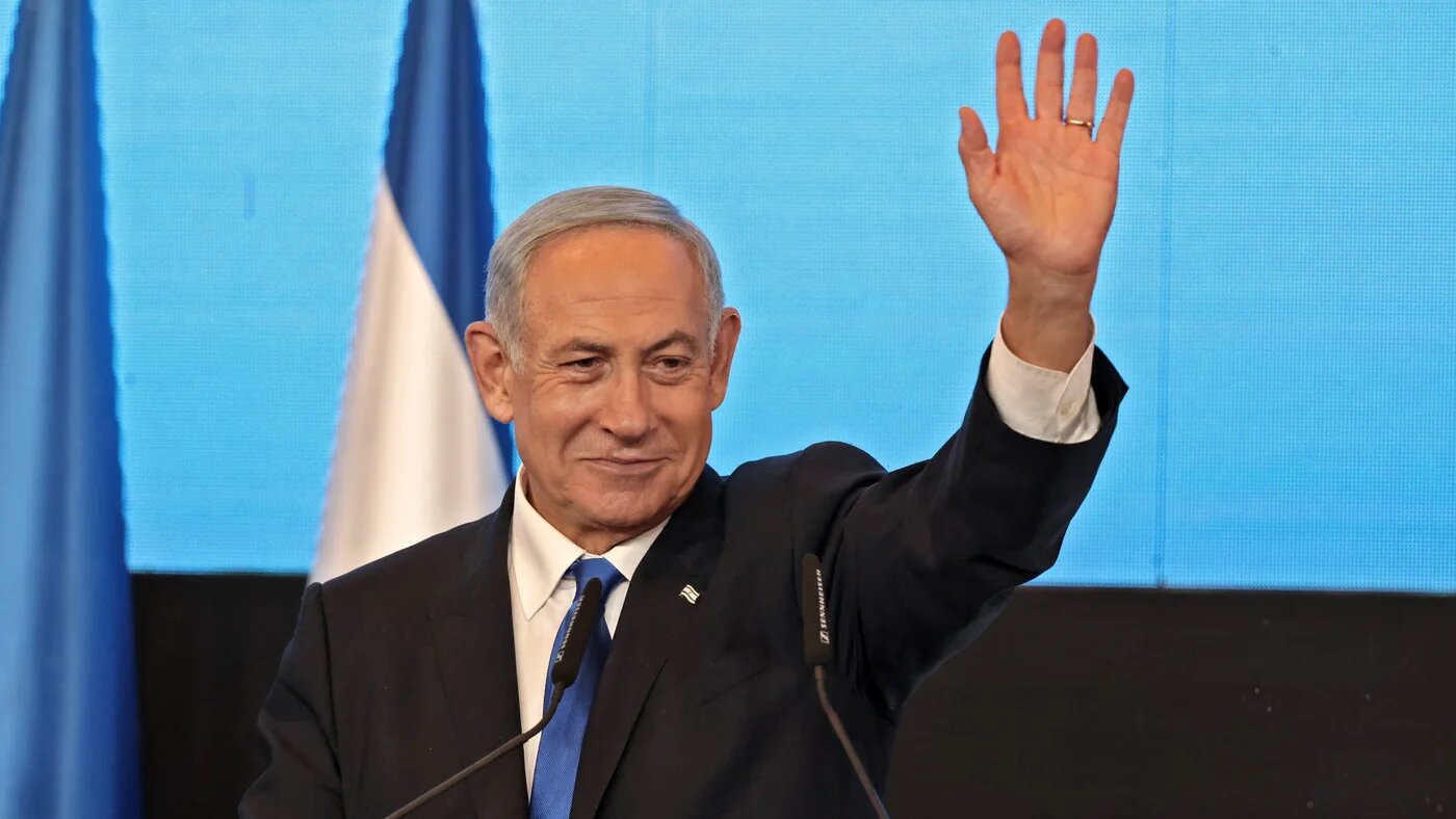 Israeli Prime Minister Benjamin Netanyahu addresses supporters in Jerusalem after the end of voting for national elections on 1 November 2022.