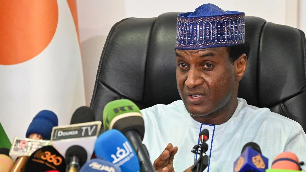 The prime minister of Niger, Ali Lamine Zeine, speaks in Niamey on 4 September 2023 (AFP)