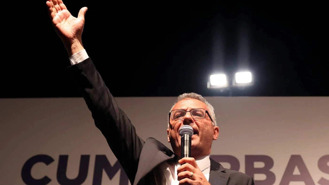 New Turkish Cypriot leader Tufan Erhurman celebrates winning the Turkish Cypriot elections in Nicosia, 19 October 2025 (Reuters/Yiannis Kourtoglou)
